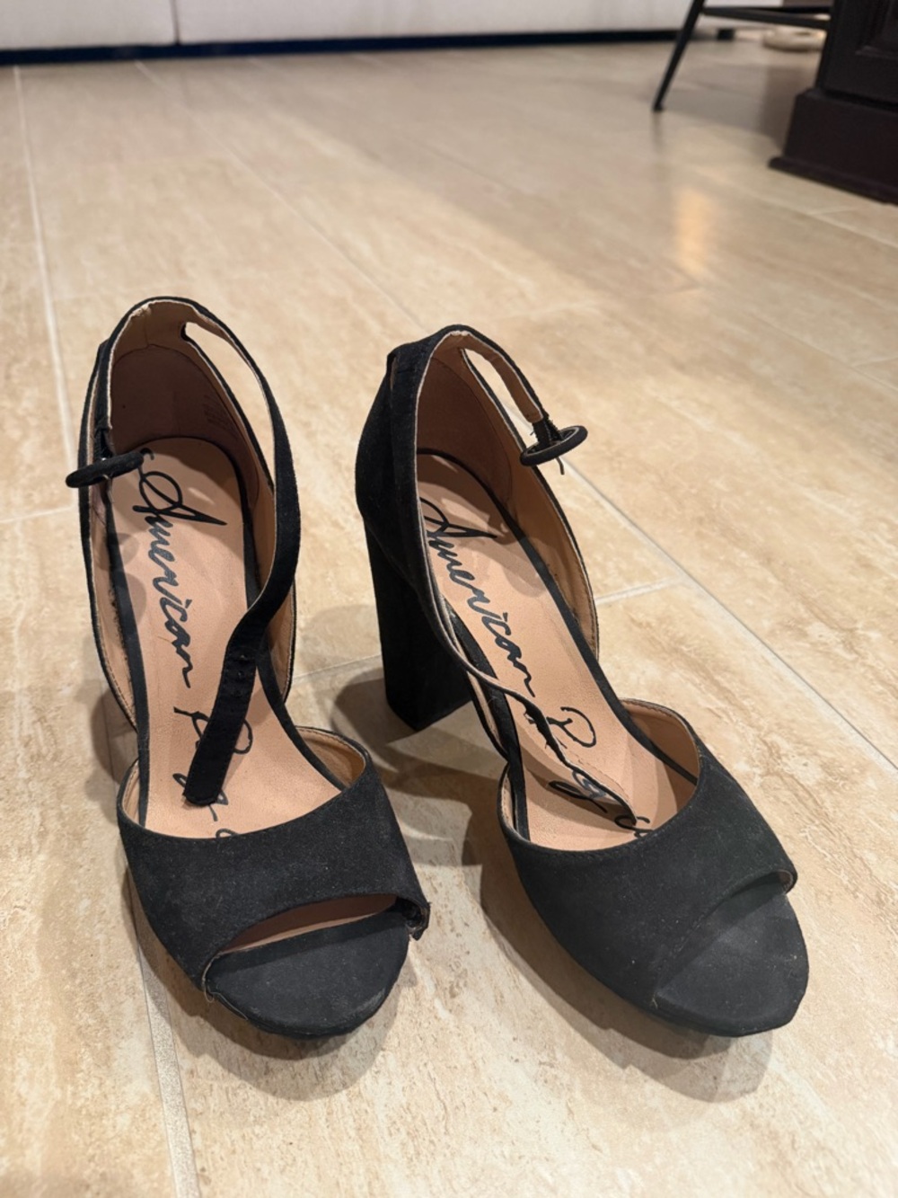 American Rag Black Suede Open-Toe Ankle Strap Block Heels